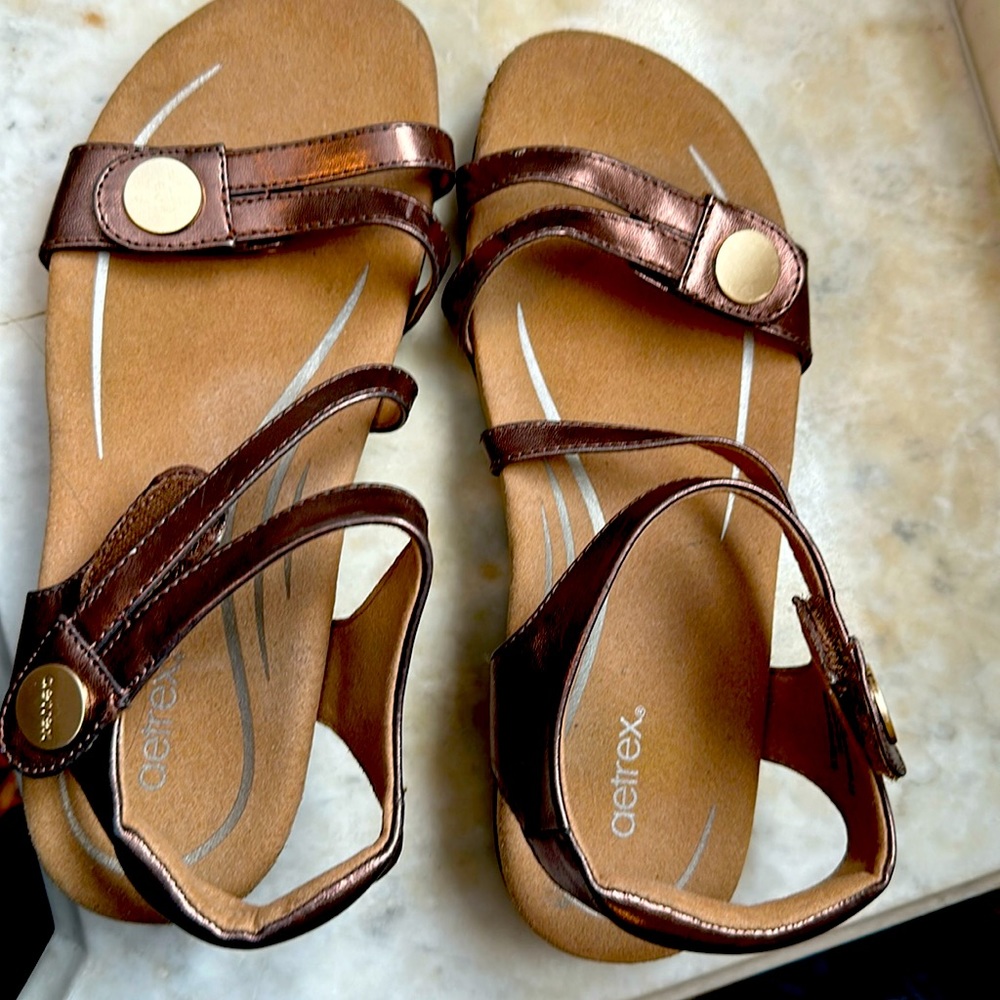 AETREX Jess Metallic Bronze Strappy Comfort Sandal